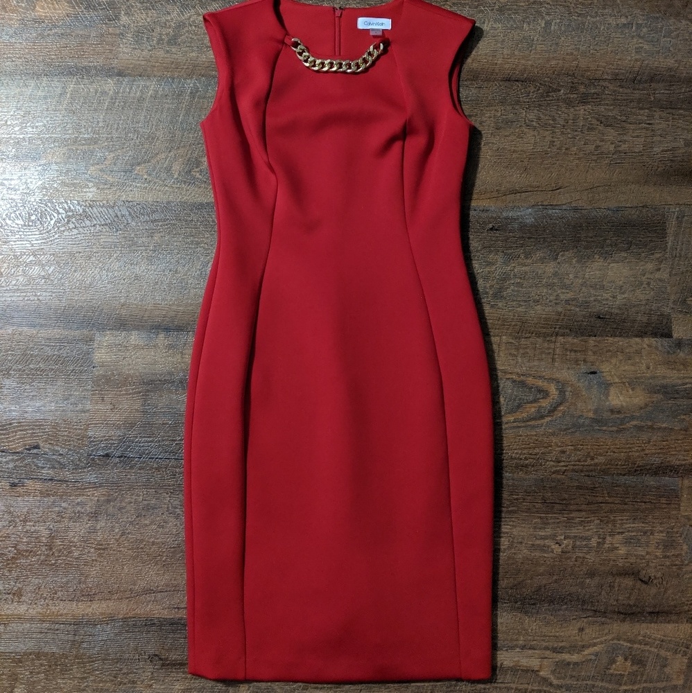 Red Calvin Klein Dress with Gold Chain Detail